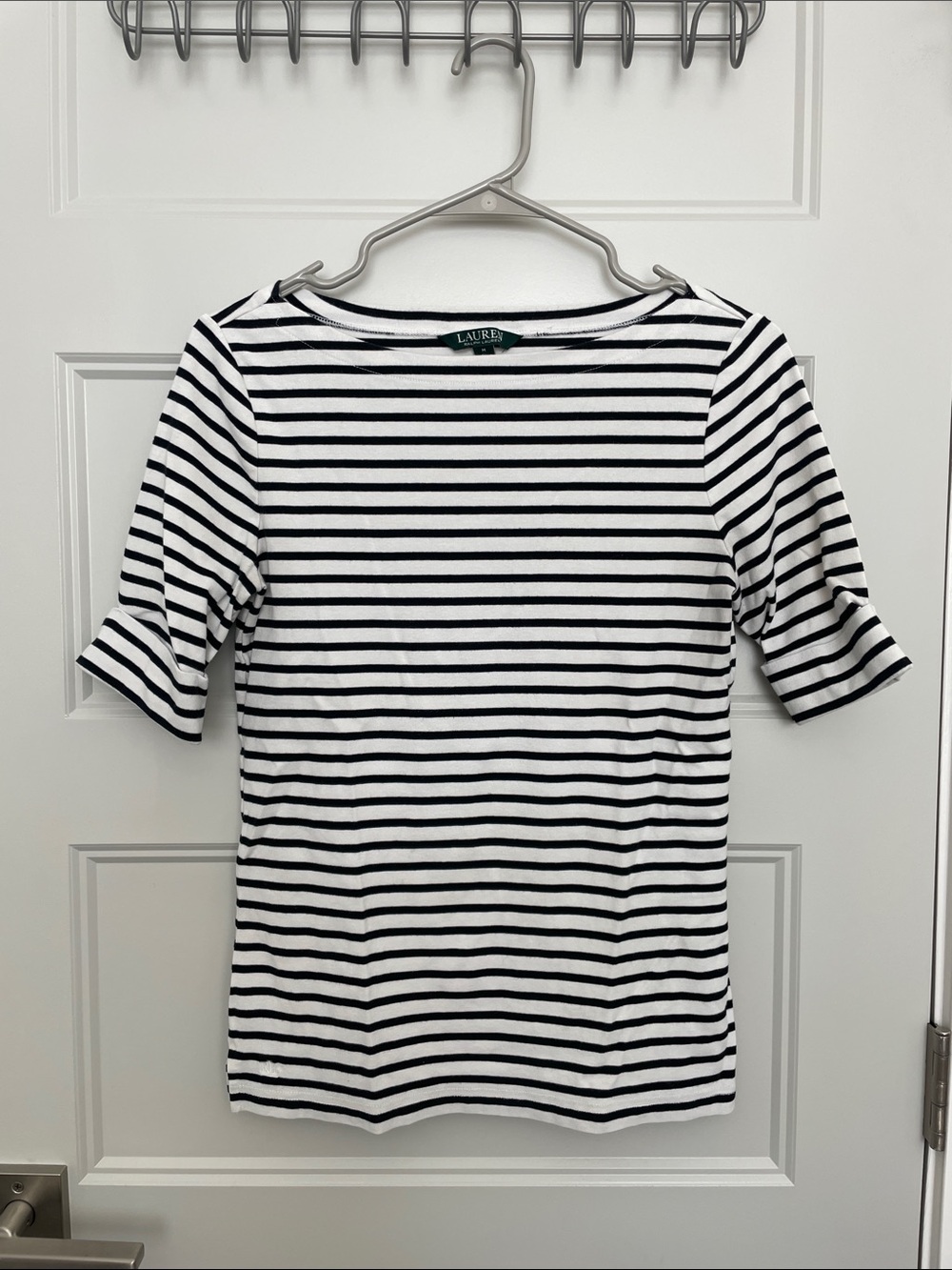 LAUREN Ralph Lauren Black & White Striped Boatneck Costal Preppy Tee